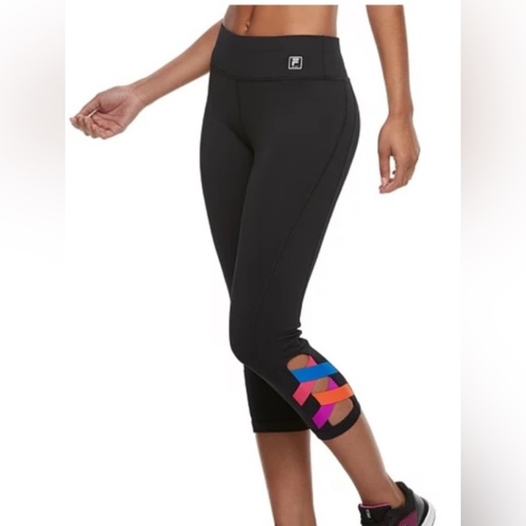 Fila Black and Purple Leggings with Geometric Accents - Picture 1 of 8